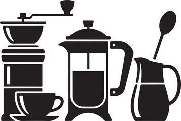 Barista Tools Silhouette Icons Set Coffee Grinder French Press Cup Spoon Milk Jug Minimal Design