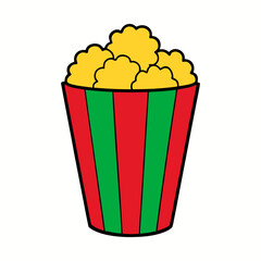 Striped popcorn bucket filled with yellow popcorn