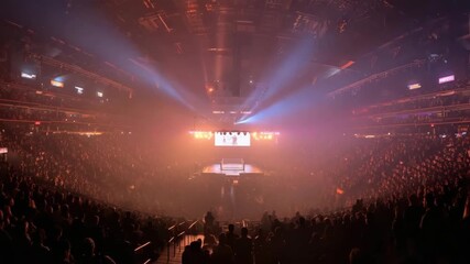 Dynamic arena spectacle with vibrant lighting and roaring crowd creating an electrifying atmosphere for live entertainment events and concerts