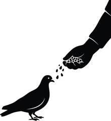 Child feeding pigeon vector icon, caring kid silhouette interacting with birds in park