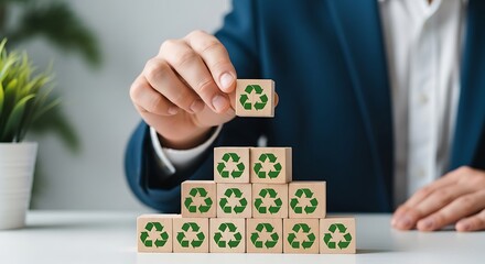 Businessman stacking wooden blocks with recycling symbol for sustainability