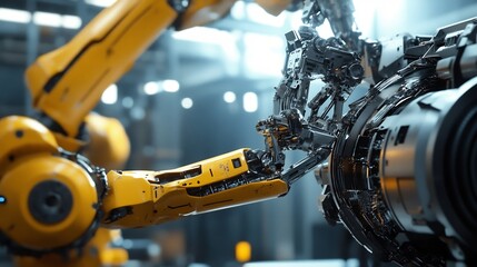 Closeup of robotic arm working on metal part in factory with blurred background