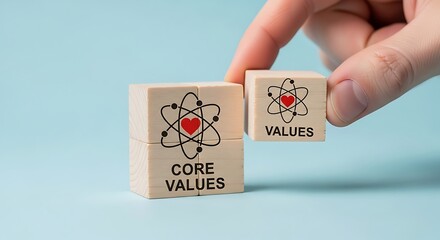 Hand placing wooden cube with values on core values blocks