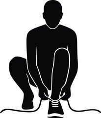 Man tying shoelaces vector icon, minimalist black silhouette of person bending to tie shoes