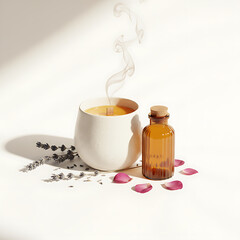 Scented candle with steam and amber bottle on white background  