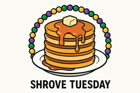 Delicious stack of pancakes with butter and syrup decorated with mardi gras beads for shrove tuesday celebration