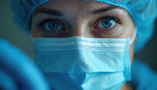 Surgeon with blue eyes wears mask and cap, focused on life saving procedure. Intense gaze shows dedication and skill in surgical theatre. Medical pro works diligently. - Powered by Adobe