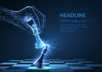 Chess king in digital hand beats other kind. Successful business strategy, digital manager, innovation challenge, AI assistant, political checkmate, technological strategy competition concept.


