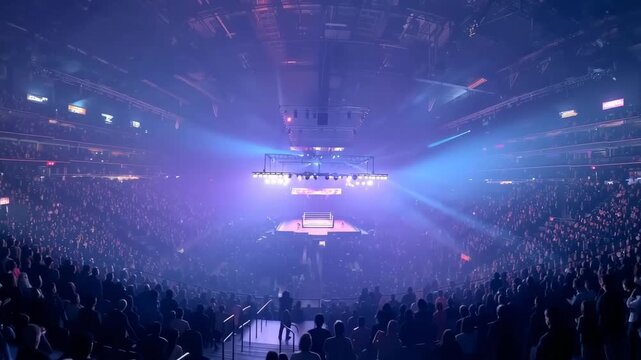 Dynamic stadium concert with vibrant purple lighting and cheering audience creating an electrifying atmosphere for an unforgettable live show experience