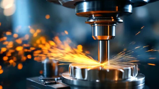A machinist operates a CNC lathe for milling metal hyper realistic cutting tools with vivid details moody shadows on the machine bright saturation in machining sparks CNC