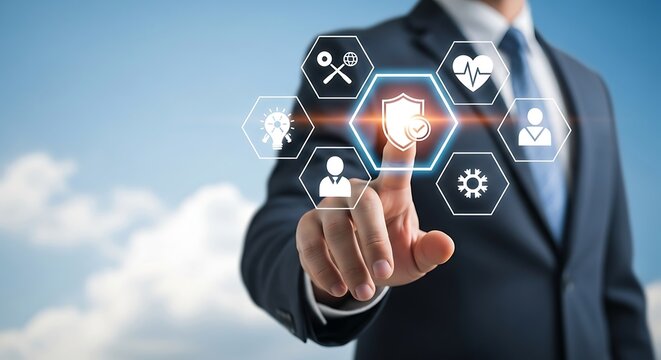 Businessman touching a shield icon representing security and protection