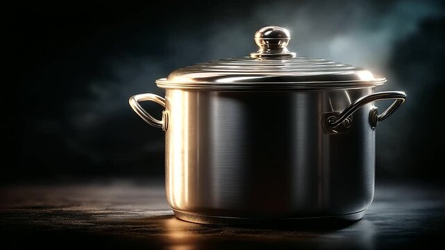 A metal cooker pot stands alone hyper realistic stainless steel with clear textures moody shadows on the surface bright saturation in metallic shine kitchen cookware metal pot