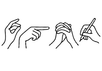 Minimalist Black And White hands Gestures and Actions Logos, human Poses Line art Collection. Illustration pointing at something Outline, Hand Drawn Doodle Simple icons drawing