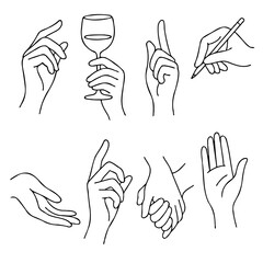 Minimalist Black And White hands Gestures and Actions Logos, human Poses Line art Collection. Illustration pointing at something Outline, Hand Drawn Doodle Simple icons drawing