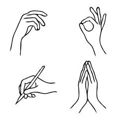 Obraz premium Minimalist Black And White hands Gestures and Actions Logos, human Poses Line art Collection. Illustration pointing at something Outline, Hand Drawn Doodle Simple icons drawing
