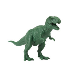 Obraz premium Green Tyrannosaurus Rex Toy Figure with Open Mouth Isolated on a Saturated Backdrop
