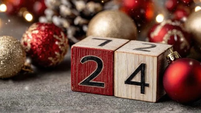 A beautifully composed close-up shot captures two rustic wooden blocks displaying the number '24', set amidst a charming array of sparkling holiday decorations. Glittering red and gold baubles, natura