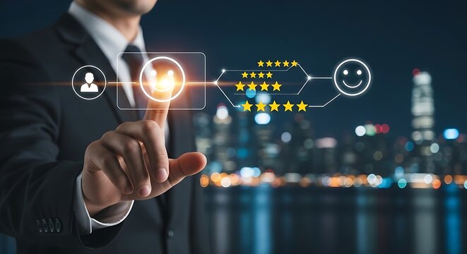 Businessman interacting with a digital interface for customer satisfaction rating