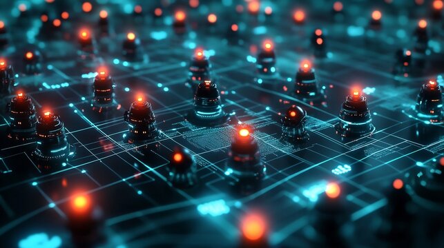 Abstract technology background with glowing nodes and lines representing network - Powered by Adobe