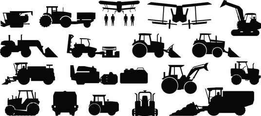Flat agriculture machinery and farm vehicle silhouette icons set with tractors, harvesters, excavators, loaders and crop duster airplane for modern farming and agribusiness infographics © Hasem Creative