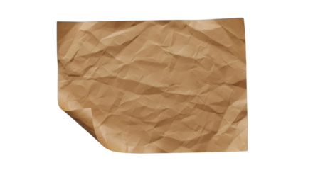 A crumpled piece of brown paper lies on a transparent background, with one corner slightly curled up.