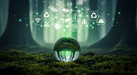 Glowing sphere with digital icons representing sustainability and technology in forest