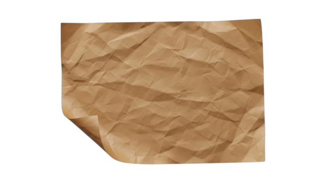 A crumpled piece of brown paper lies on a transparent background, with one corner slightly curled up.