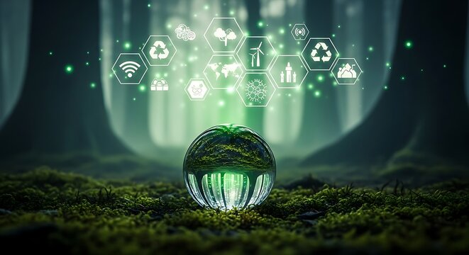Glowing sphere with digital icons representing sustainability and technology in forest