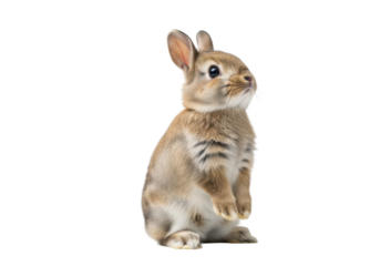 Young, fluffy light brown/grey Netherland Dwarf rabbit standing on hind legs, head tilted, curious dark eyes, bright white studio background, copy space, animal cuteness and innocence