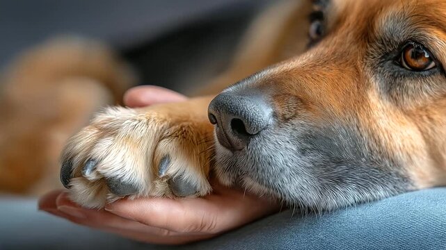A dog&rsquo;s paw resting on owner&rsquo;s hand, macro fur and skin texture, blured background, with copy space, trust and friendship