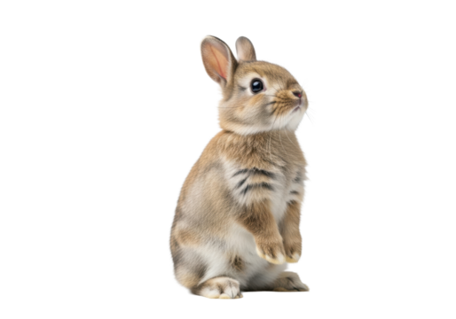 Young, fluffy light brown/grey Netherland Dwarf rabbit standing on hind legs, head tilted, curious dark eyes, bright white studio background, copy space, animal cuteness and innocence