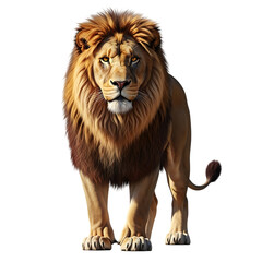 Majestic male lion with full mane standing powerfully against black background