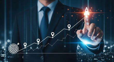 Businessman pointing at a rocket launching on a growth chart