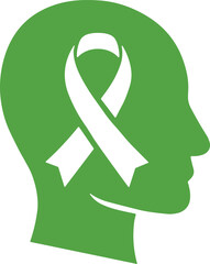 Mental health awareness icon vector—green head silhouette with white ribbon symbol for healing, support, and advocacy compositions
