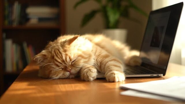 A cute ginger cat comfortably sleeps on a wooden desk next to a laptop in warm sunlight.