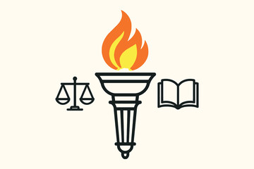 Symbolic torch of knowledge and justice with an open book and scales of justice