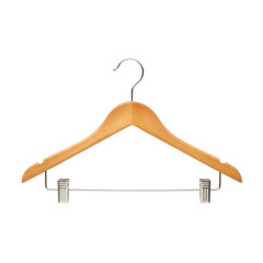Isolated wooden clothes hanger with metal fittings displaying elegance and functionality on surface