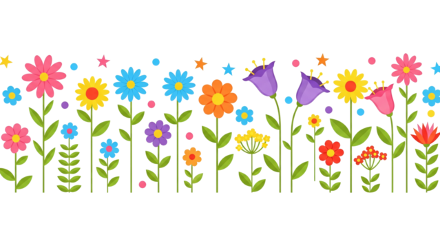 Seamless pastel floral border — hand-drawn flat vector of colorful flowers, leaves and stems in a horizontal pattern for spring backgrounds, greeting cards, nursery decor, textiles and wrapping paper