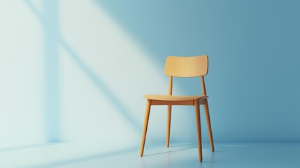 Minimalist wooden chair casting shadows on a blue wall, bright sunlight.