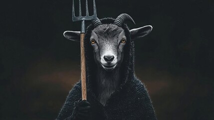 Mysterious goat wearing hoodie holds pitchfork, dramatic lighting