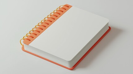 Open spiral notebook with blank white pages and orange cover on a white background.