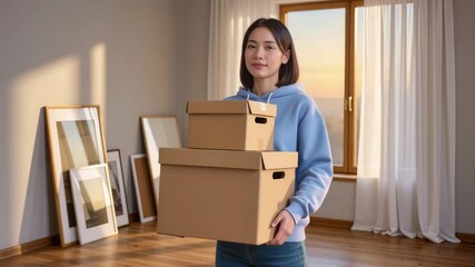 Portrait of a smiling young asian woman holding cardboard boxes and standing in an empty room of her new apartment, happily looking at the camera during a beautiful sunny moving day