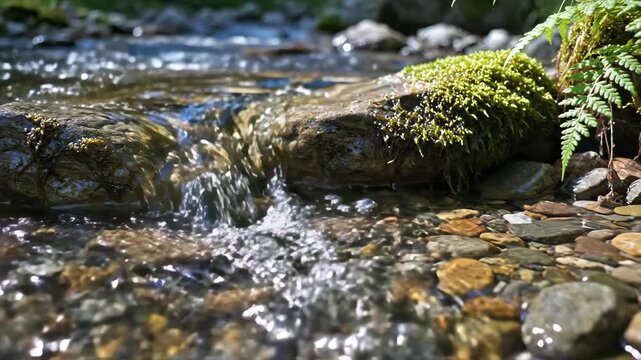 Closeup of Flowing Mountain Stream Over Rocks in Nature with Natural Light