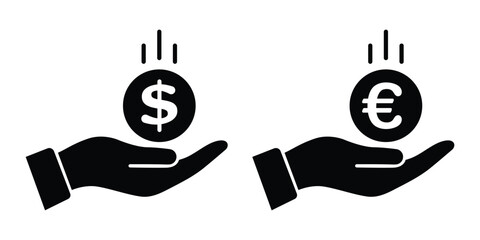 Hand Holding Dollar and Euro Coin Payment Silhouette Vector Icon