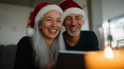 joyful senior couple celebrating Christmas indoors, wearing red Santa hats and smiling with excitement while making a video call on a tablet, warm natural daylight from window, coz