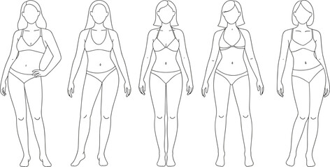 Female Body Type Comparison in Underwear Outline for Anatomy Study, Fashion Design, Body Diversity, Health Assessment, and Vector Reference Art
