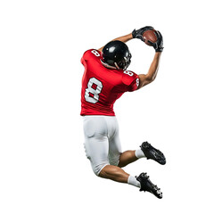 American football player in mid air catching a pass with a black background