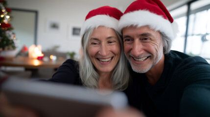 joyful senior couple celebrating Christmas indoors, wearing red Santa hats and smiling with excitement while making a video call on a tablet, warm natural daylight from window, coz