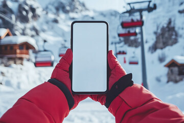 Hand holds smartphone mockup with white screen in snowy mountain ski resort. Skiers on slopes in winter landscape showing technology, travel, and communication concept with blank display, copy space