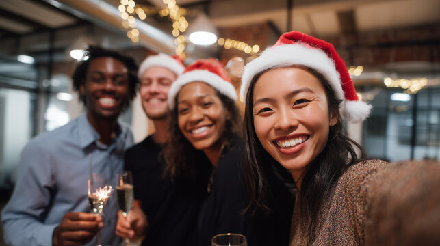 group of cheerful friends celebrating Christmas in a modern industrial-style office people wearing Santa hats, holding sparklers and glasses of champagne joyful expressions, laught